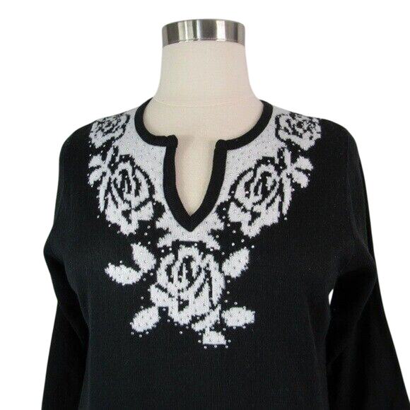 CD Petites Bling Sweater Y-Neck Pullover Floral Size XL Black - Picture 2 of 6